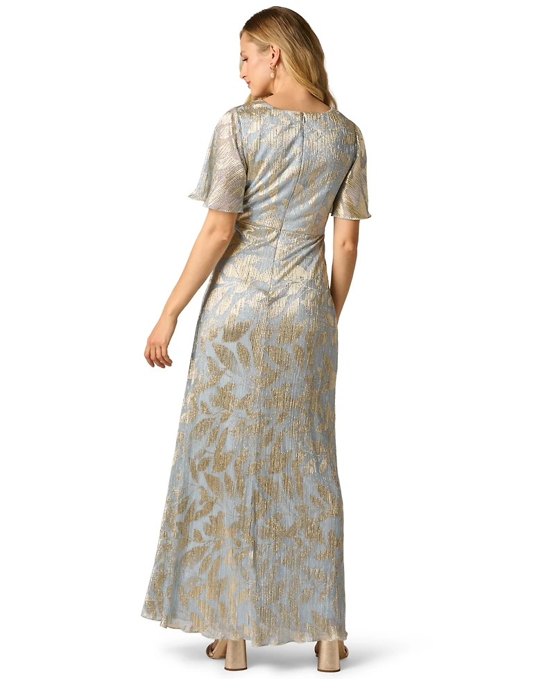 Adrianna Papell Women's Foil Leaf Flutter-Sleeve Draped Gown