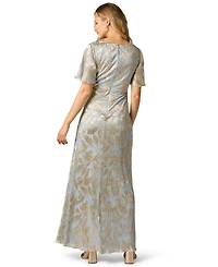 Adrianna Papell Women's Foil Leaf Flutter-Sleeve Draped Gown