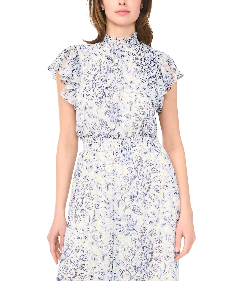 Msk Women's Short-Sleeve Mock Neck Smocked Waist Jumpsuit