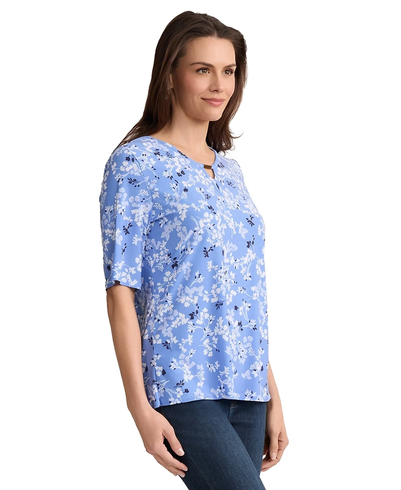 Jones New York Petite Elbow Double Keyhole Neck Printed Jersey Top