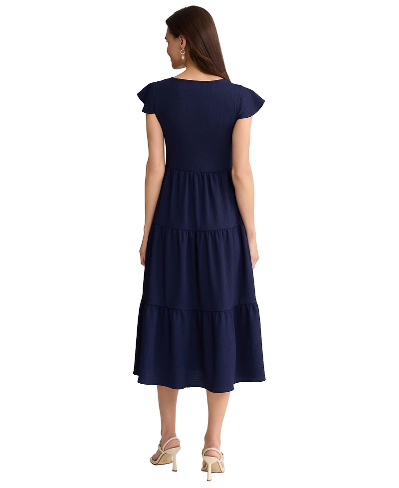 Jones New York Petite Boat Neck Flutter-Sleeve Tiered Midi Dress