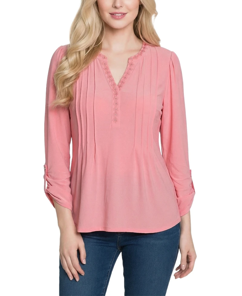 Ny Collection Women's Long-Sleeve Pleat Front Roll Tab Top