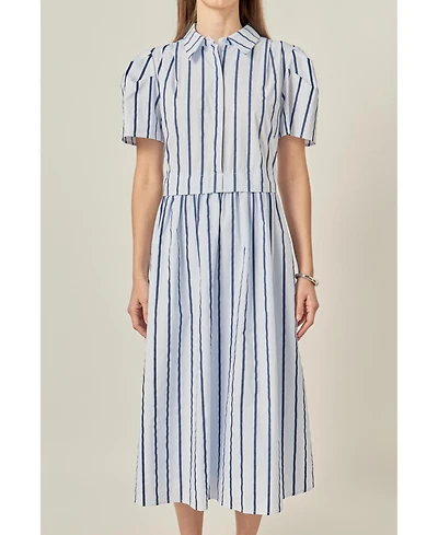 English Factory Women's Striped Pleated Shoulder Shirt Midi Dress