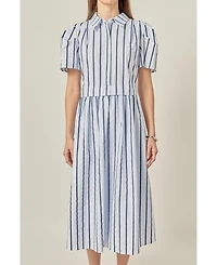 English Factory Women's Striped Pleated Shoulder Shirt Midi Dress