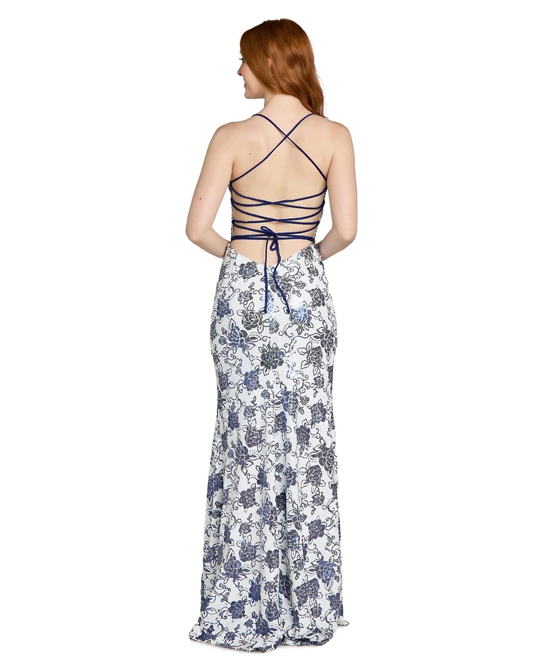 Morgan & Company Juniors' Floral Sequin Long Gown