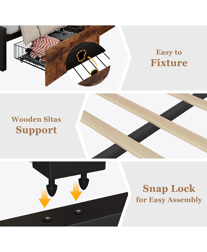 gaomon Full Bed Frame with 4 Storage Drawers, Metal Support Platform Wooden Headboard and Footboard