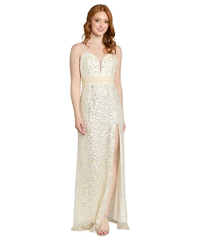 Morgan & Company Juniors' Sequin Paillettes Front-Side Slit Long Gown