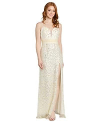Morgan & Company Juniors' Sequin Paillettes Front-Side Slit Long Gown
