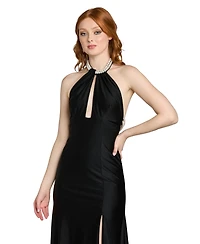 Morgan & Company Juniors' Imitation-Pearl Halter Neck Long Gown