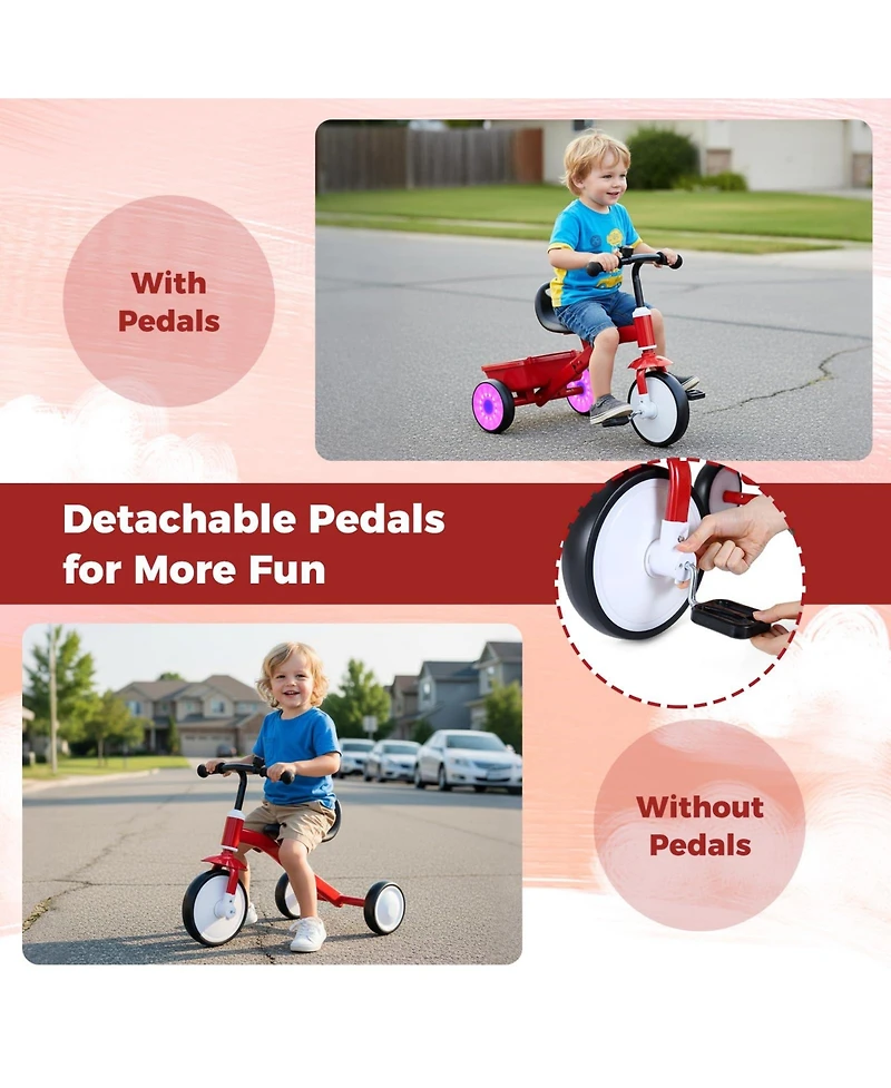 Mecale Toddler Tricycle with Glowing Wheels and 4-Level Adjustable Seat