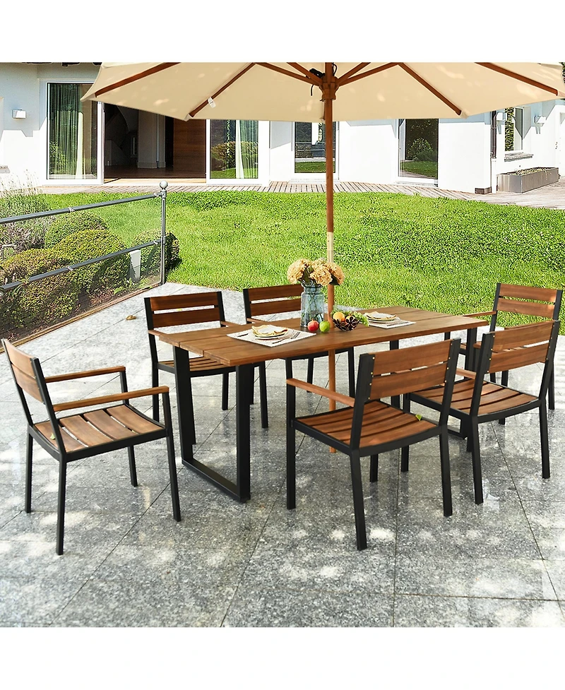 Gymax Patented 7PCS Patio Dining Set Outdoor Furniture Set w/ 6 Armchairs Umbrella Hole