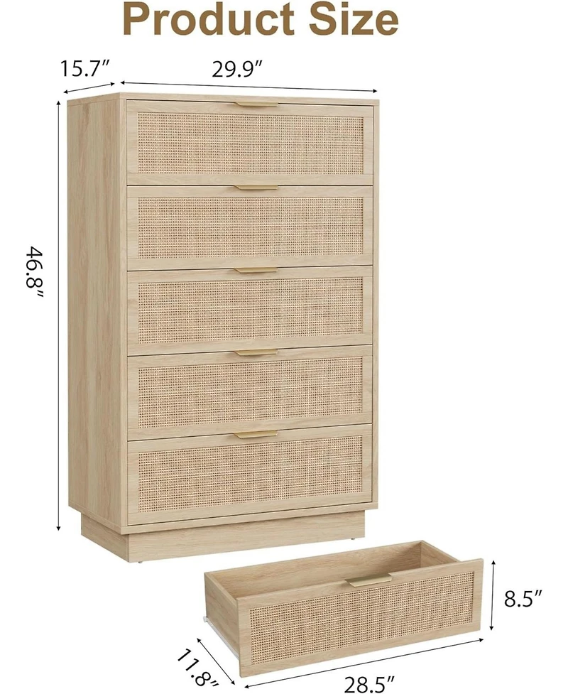 gaomon 5 Drawer Rattan Dresser for Bedroom, Integrated Cabinet Body & Legs Design Entryways and Closet, Easy Assembly