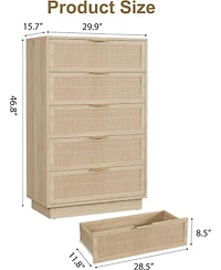 gaomon 5 Drawer Rattan Dresser for Bedroom, Integrated Cabinet Body & Legs Design Entryways and Closet, Easy Assembly