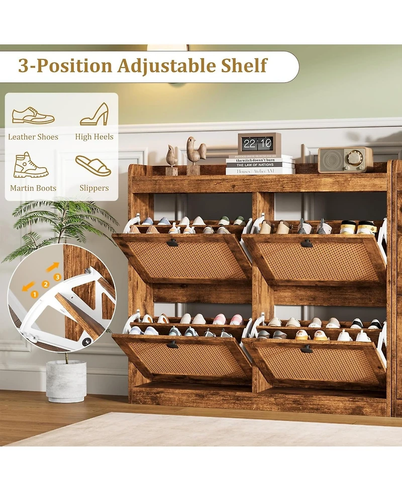 gaomon 2PCS Of Shoe Cabinet with 4 Deep Flip Drawers Base Freestanding Wooden Shoe Storage Cabinet with Rattan Door and 3-Tier Adjustable Shelves