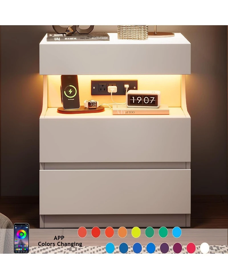 gaomon Nightstand with App-Controlled Led Light, Modern Bedside Table with Charging Station, 3 Drawer End Table with Usb Ports & Outlets