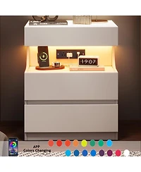 gaomon Nightstand with App-Controlled Led Light, Modern Bedside Table with Charging Station, 3 Drawer End Table with Usb Ports & Outlets