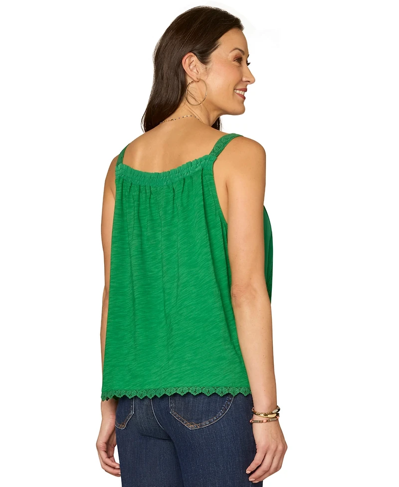 Democracy Petite Square Neck Embroidered Front Tank Top