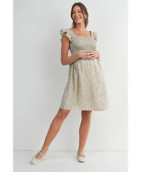 Hello Miz Maternity Smocked Floral Dress with Ruffle Cap Sleeves
