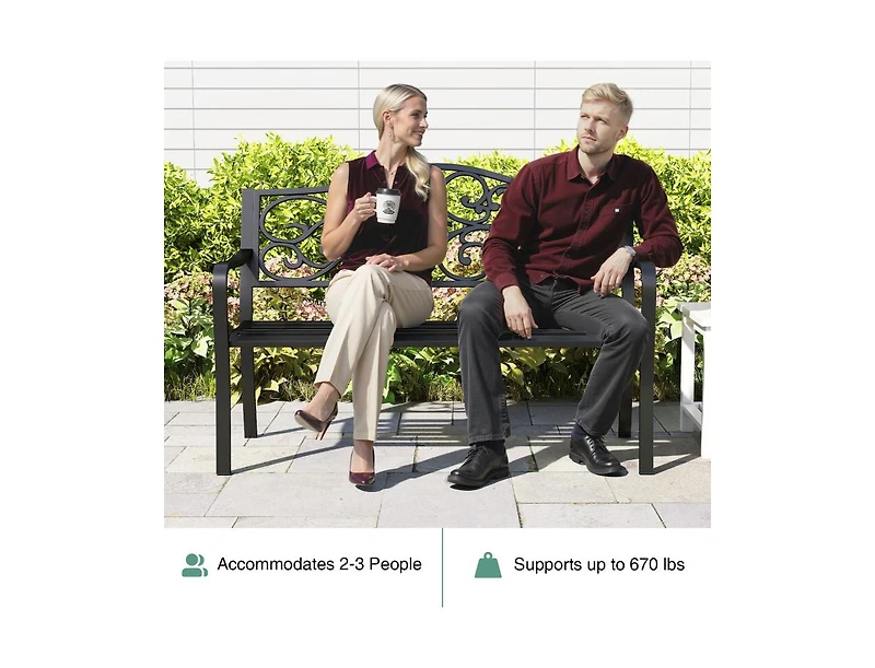 Slickblue 50 Inch Cast Iron Patio Bench with Floral Design Backrest