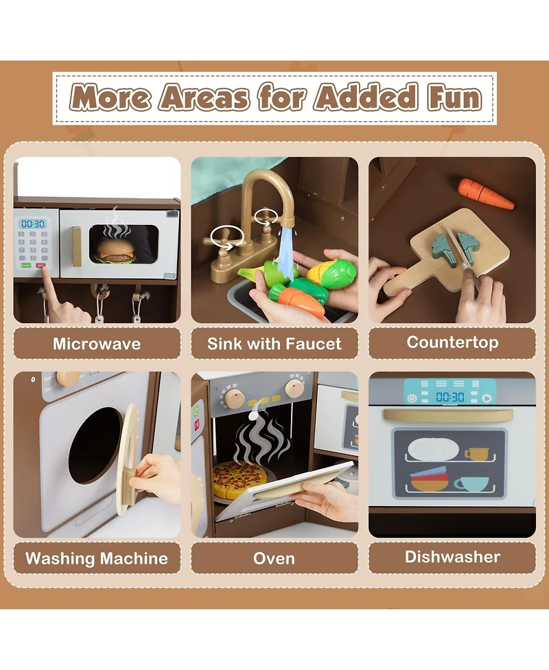 Mecale Corner Kitchen Toys with Lights & Sounds, Pull-Out Trash Can Stove for Kids