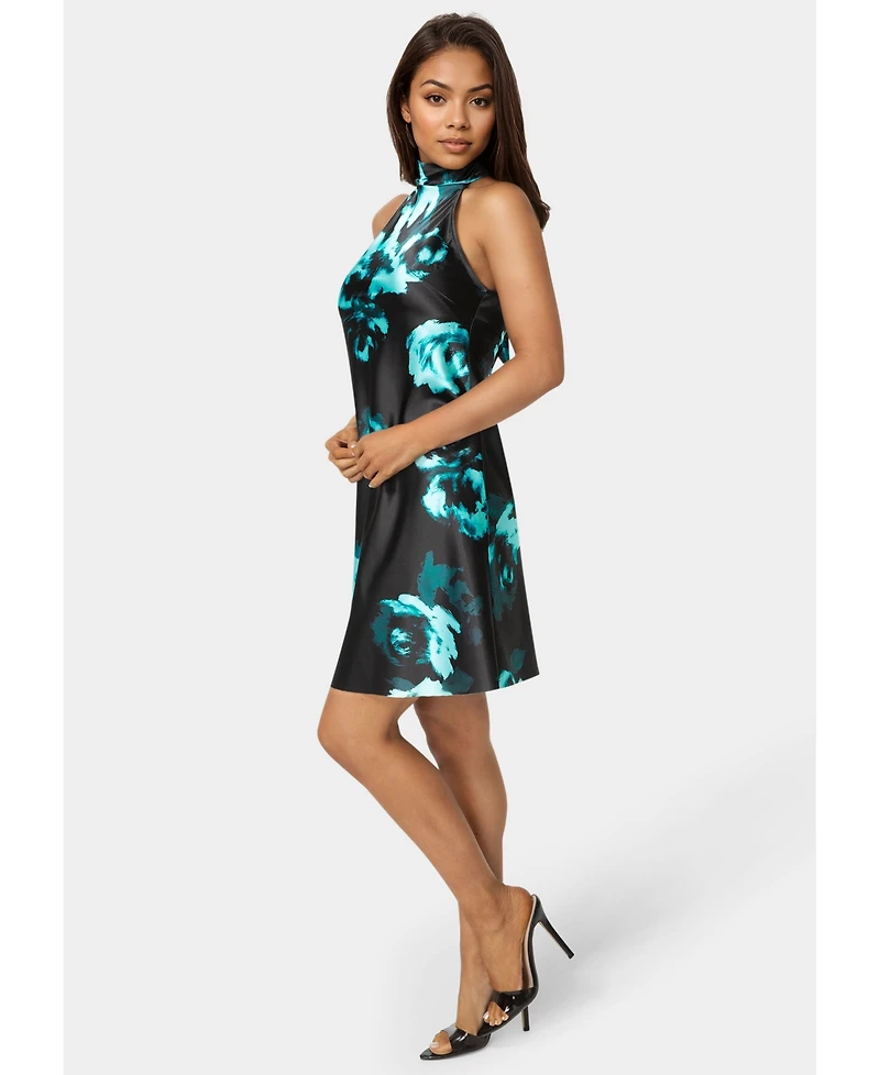 Bebe Women's Printed Satin Mock Neck Dress with Bow Back