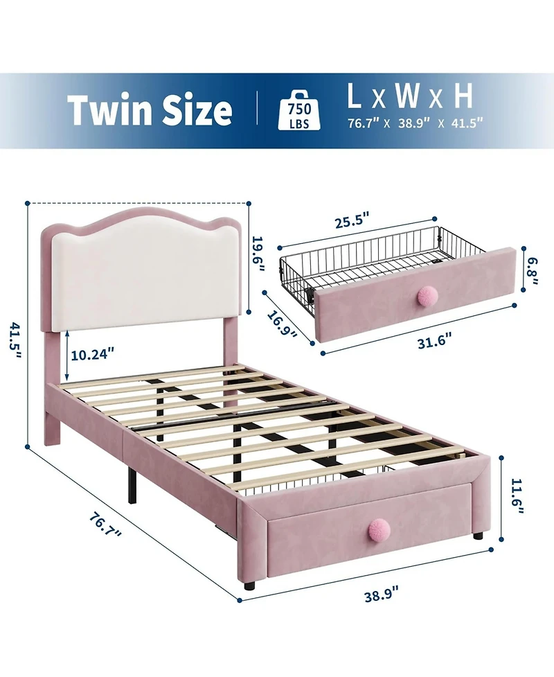 gaomon Upholstered Twin Bed Frame with Storage Drawer & Scallop Headboard, Princess Platform Frames