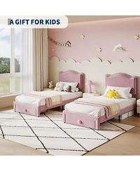 gaomon Upholstered Twin Bed Frame with Storage Drawer & Scallop Headboard, Princess Platform Frames