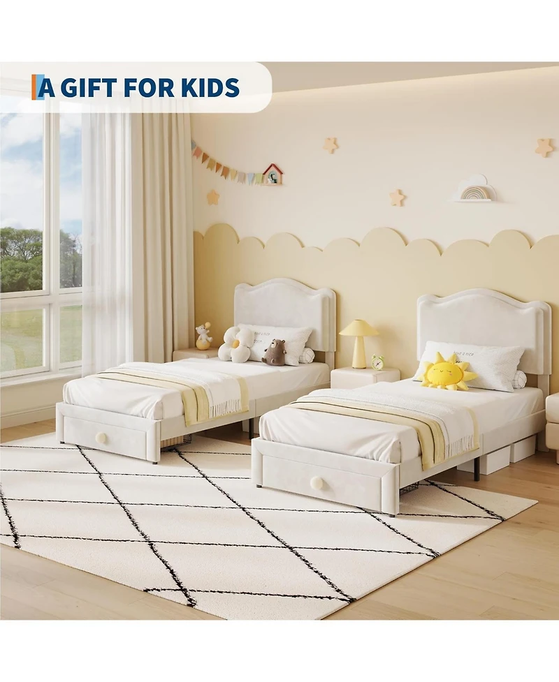 gaomon Upholstered Twin Bed Frame with Storage Drawer & Scallop Headboard, Princess Platform Frames