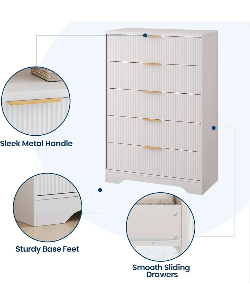 gaomon Dresser for Bedroom with 5 Drawers, Wave Fluted Modern Chest of Tall Wood Storage Organizer Nursery, Hallway, Living Room