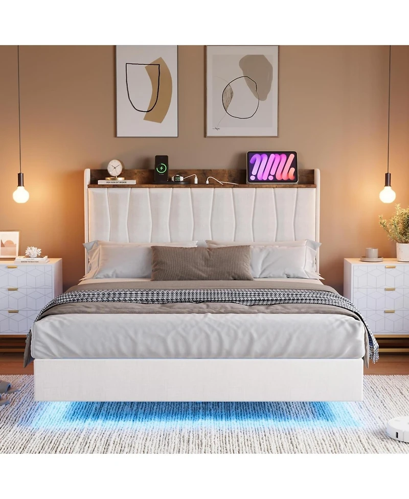 gaomon Floating Bed Frame with Led Lights & Charging Station Upholstered Platform Storage Headboard Wood Slats Support Easy to Assemble
