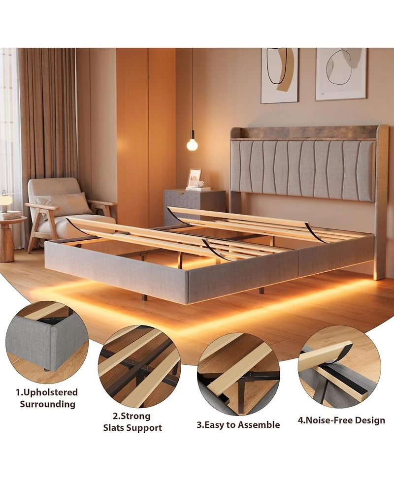 gaomon Floating Bed Frame with Led Lights & Charging Station Upholstered Platform Storage Headboard Wood Slats Support Easy to Assemble