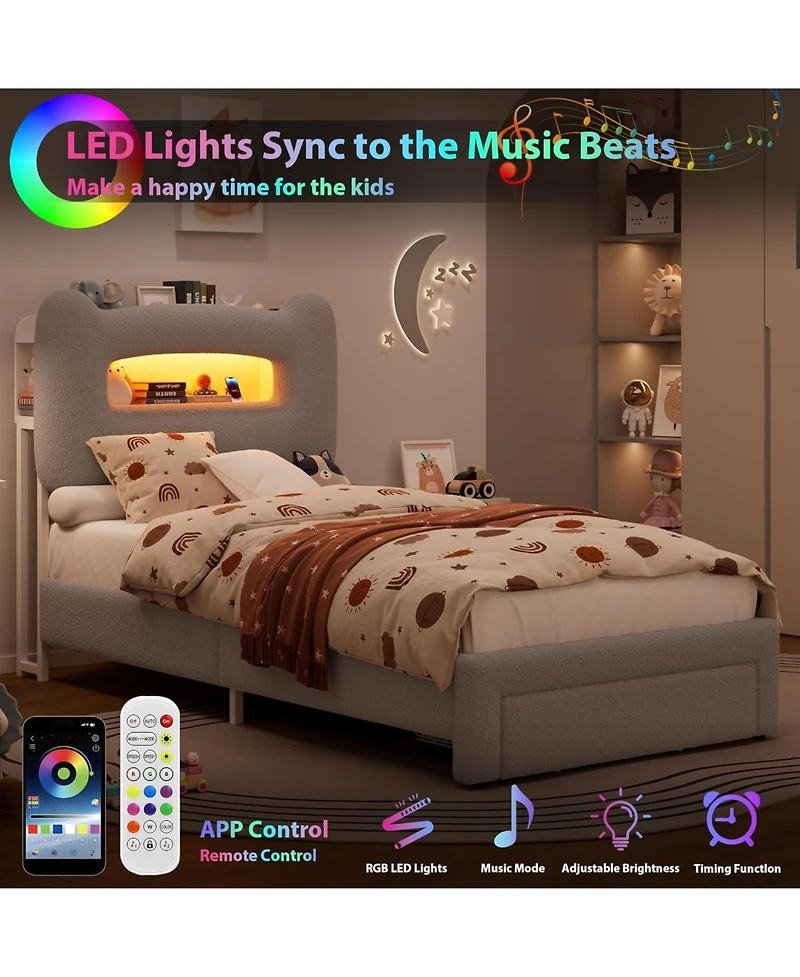 gaomon Led Bed Frame with 2-Tier Storage Headboard, Upholstered Platform Bed with Charging Station and Drawer, Metal Support