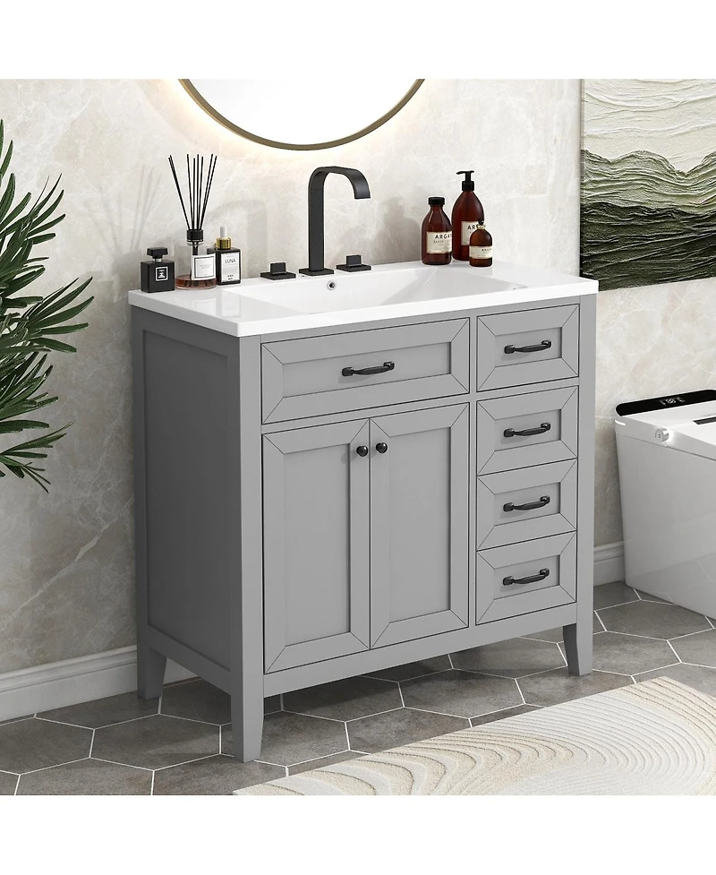 Sillysis 36" Bathroom Vanity with Ceramic Sink, Wood Frame, Storage Cabinet & Drawers for Modern Bathrooms