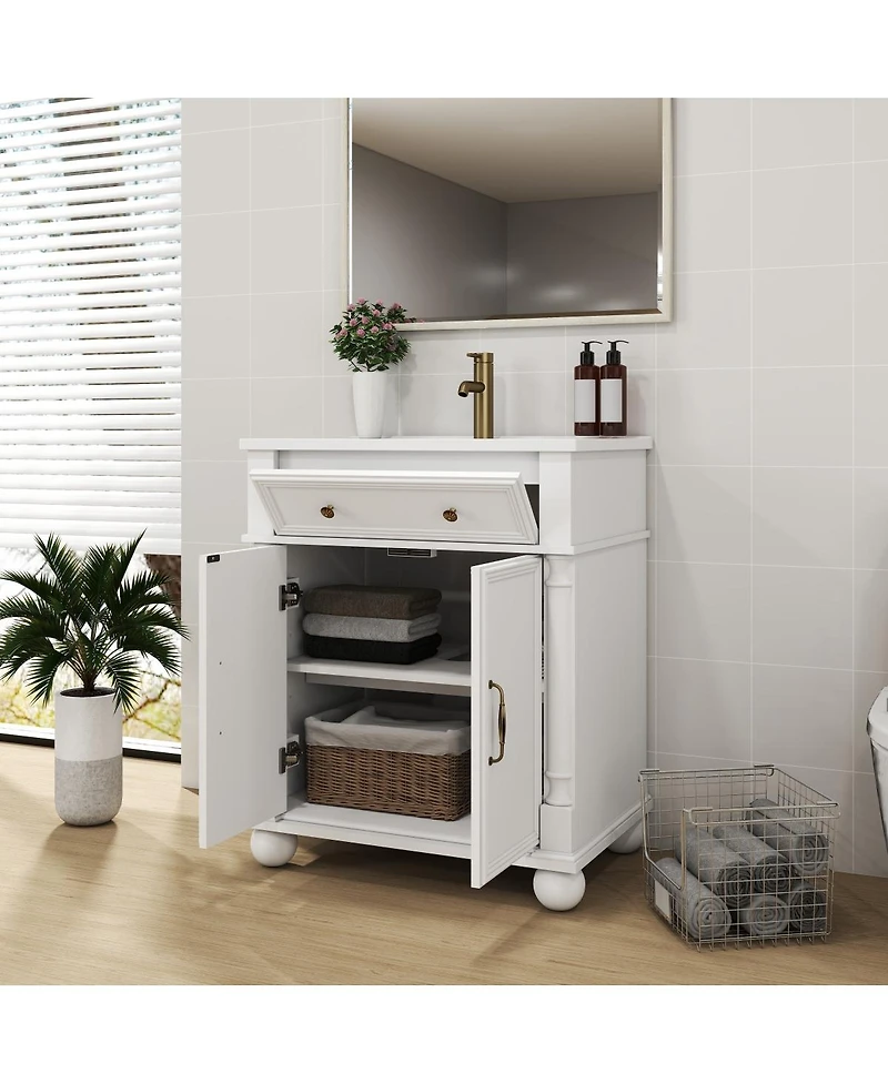 Sillysis 28" Bathroom Vanity with Sink, Medieval Modern Solid Wood Roman Base, Flip Drawer, Adjustable Storage, Easy Clean