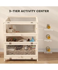 PawHut Wooden Hamster Cage 3 Tier with Pull-Out Tray, Hut, Seesaws, Ramps