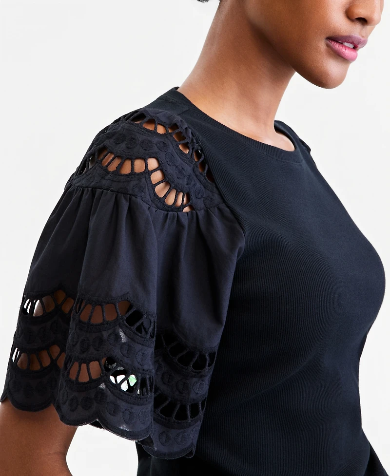 On 34th Women's Eyelet Puff Sleeve Ribbed Knit Top, Macy's Exclusive
