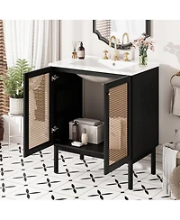 Sillysis Modern Bathroom Vanity with Ceramic Sink, Bamboo & Mdf, Soft Close Rattan Doors, Freestanding Storage Cabinet for Small Spaces