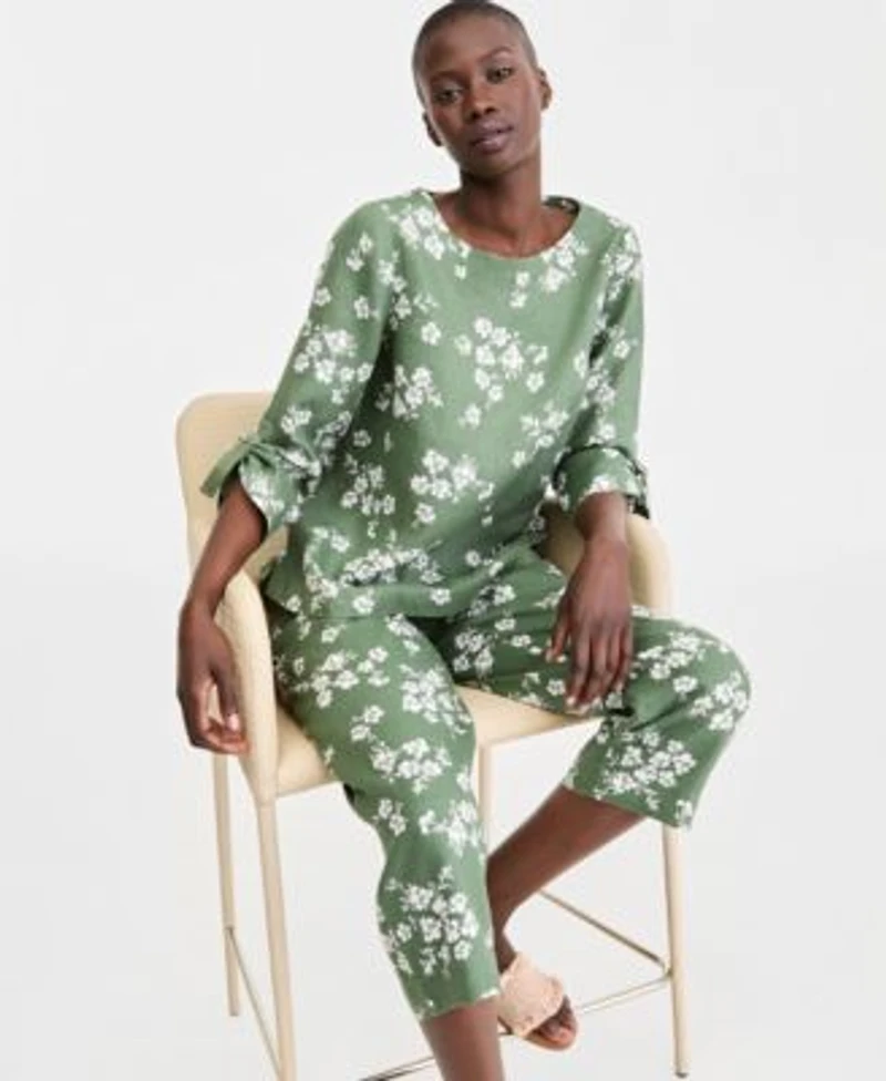 Charter Club Womens 100 Linen Roll Tab Top Cropped Pull On Pants Macys Exclusive