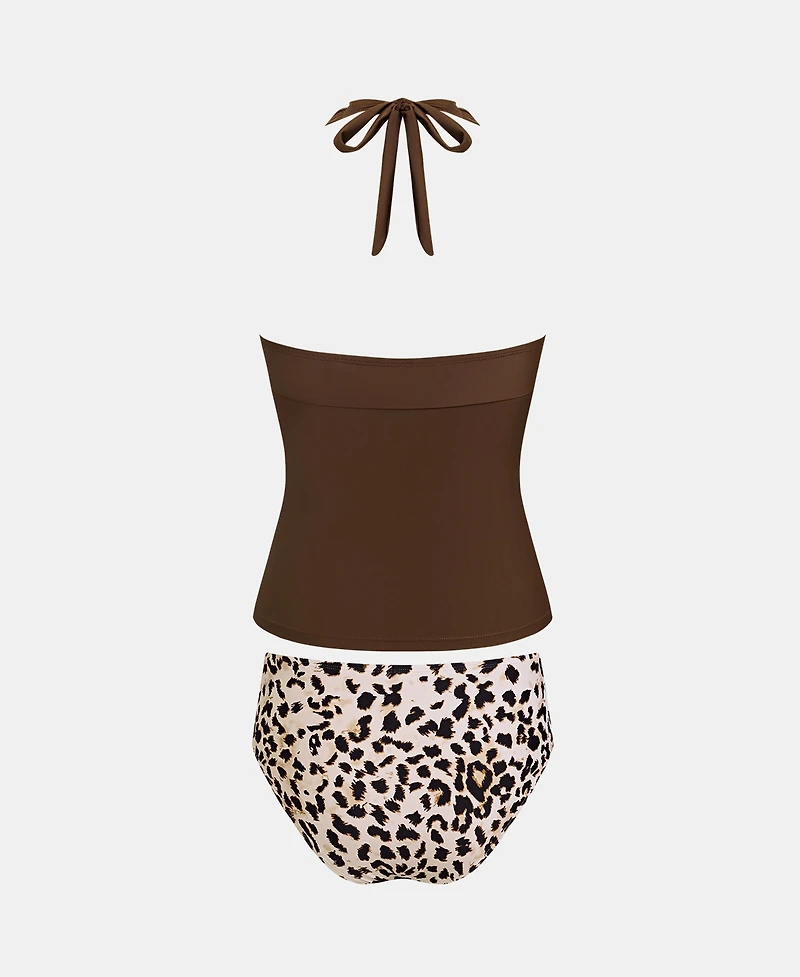 Cupshe Women's V-Neck Halter Tie Tankini Set with Full Coverage