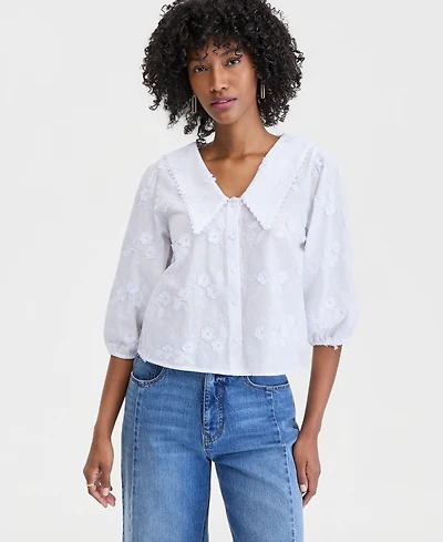 On 34th Women's Cotton V-Neck Floral Applique Blouse, Macy's Exclusive