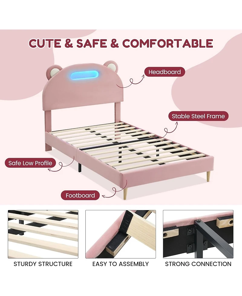 Gaomon Bed Frame with Led Lights, Upholstered Platform Bed with Headboard & Wooden Slats Support, Noise-Free, No Box Spring Needed
