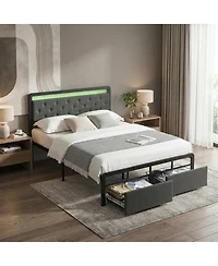 gaomon Full Bed Frame with 2 Storage Drawers, Button Tufted Headboard and Led Lights