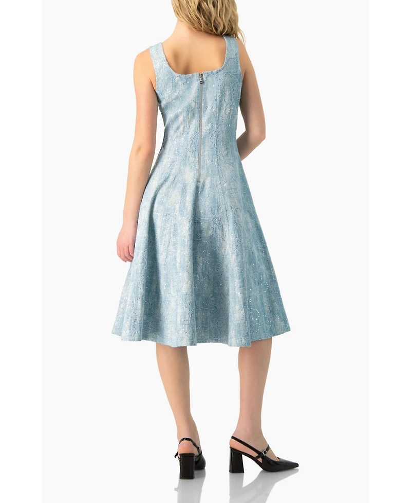 Ivonne Women's Square Neck Midi Denim Dress