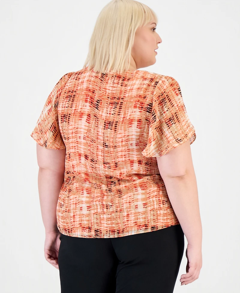 Kasper Plus V-Neck Tulip-Sleeve Top