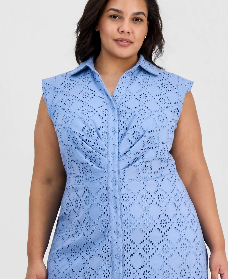 Anne Klein Plus Eyelet-Embroidered Sleeveless Shirtdress