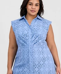 Anne Klein Plus Eyelet-Embroidered Sleeveless Shirtdress