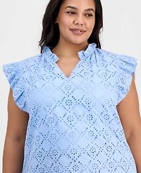 Anne Klein Plus Split-Neck Flutter-Sleeve Top