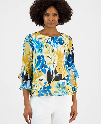 Kasper Women's Printed Ruffled-Sleeve Blouse