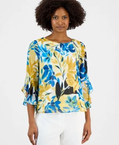 Kasper Womens 3 4 Ruffle Sleeve Printed Boatneck Top