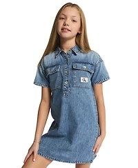Calvin Klein Girls' 7-16 Short-Sleeve Patch Pocket Denim Shirtdress